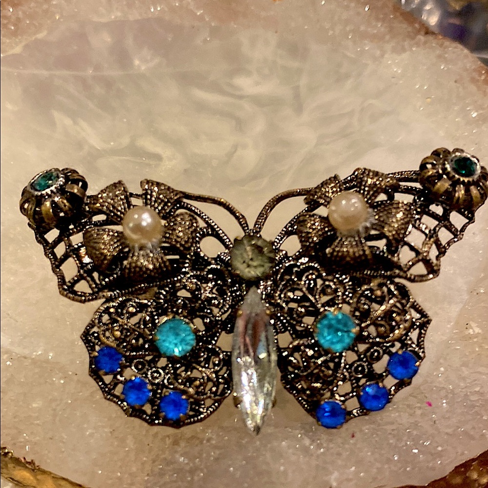 Czech Filigree Butterfly Brooch. Gold Tone and Czech Crystals